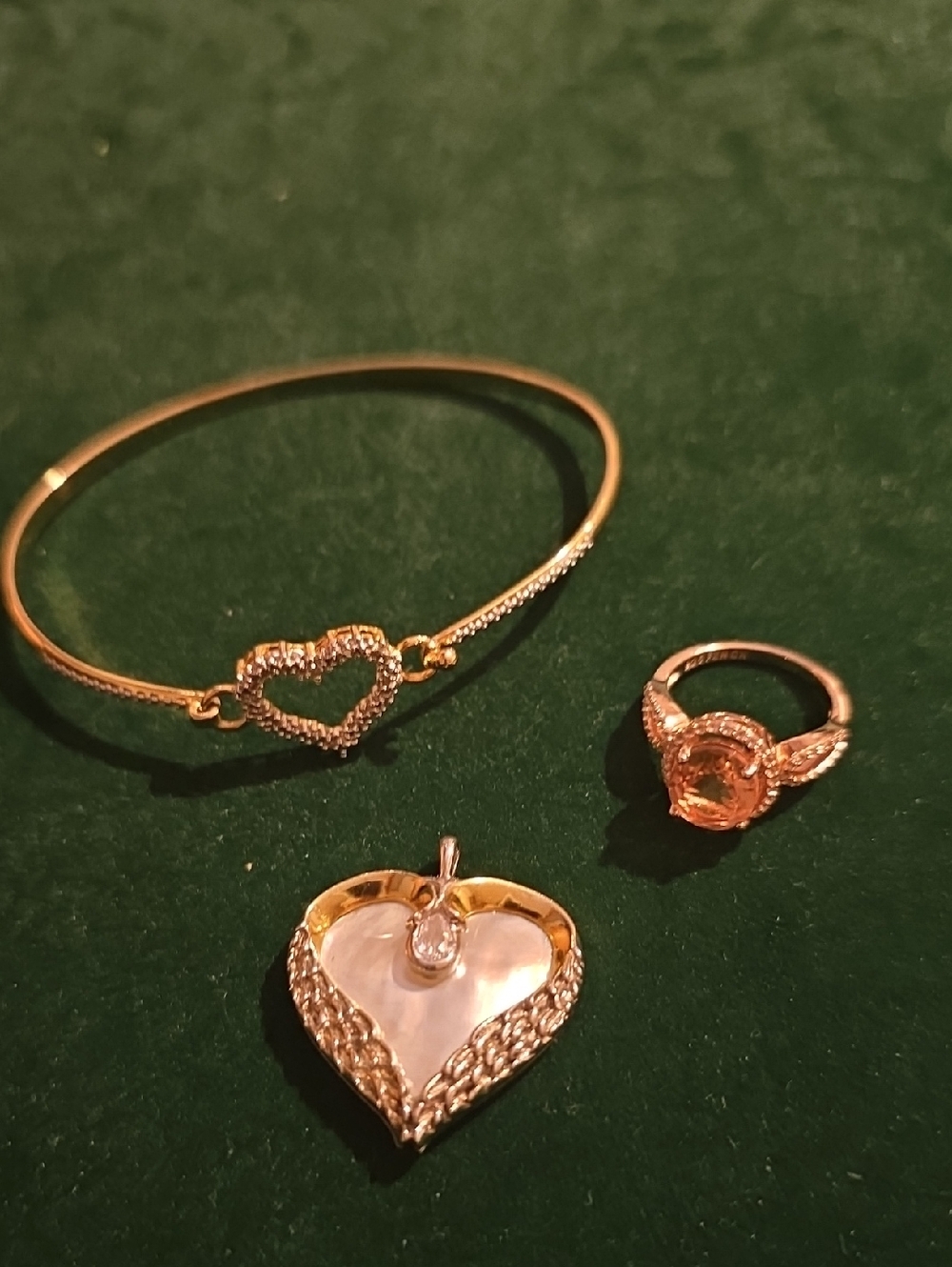 Heart Bracelet, Ring and Pendant Lot - .925 Gold Tone - Elegant Women’s Jewelry
